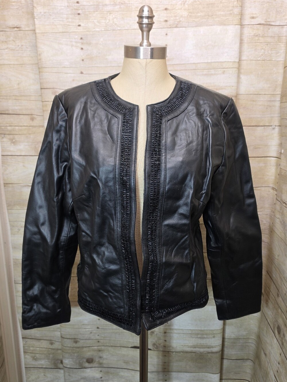 Chico's Black Leather Open-Front Jacket with Decorative Trim